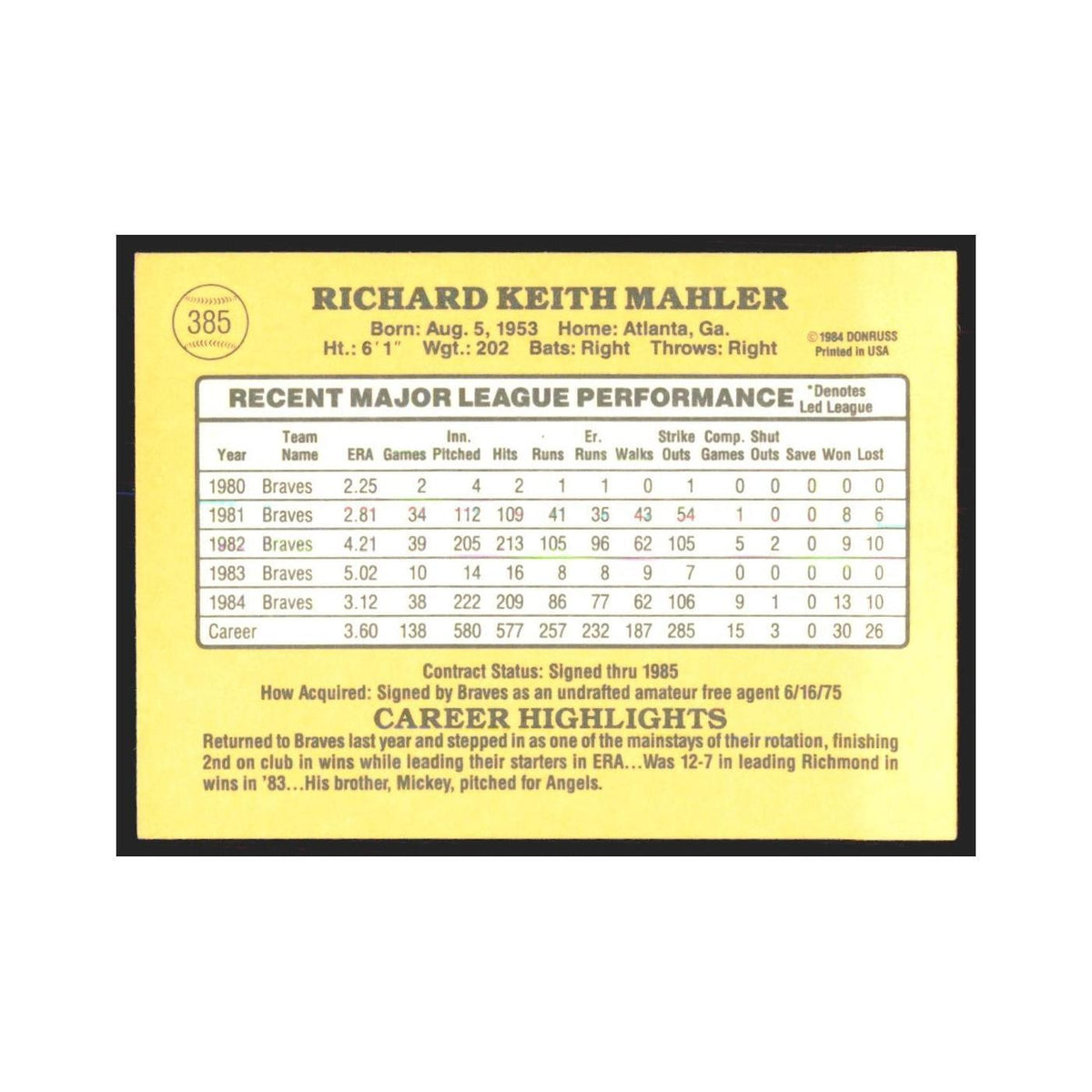 1985 Donruss Rick Mahler Braves #385