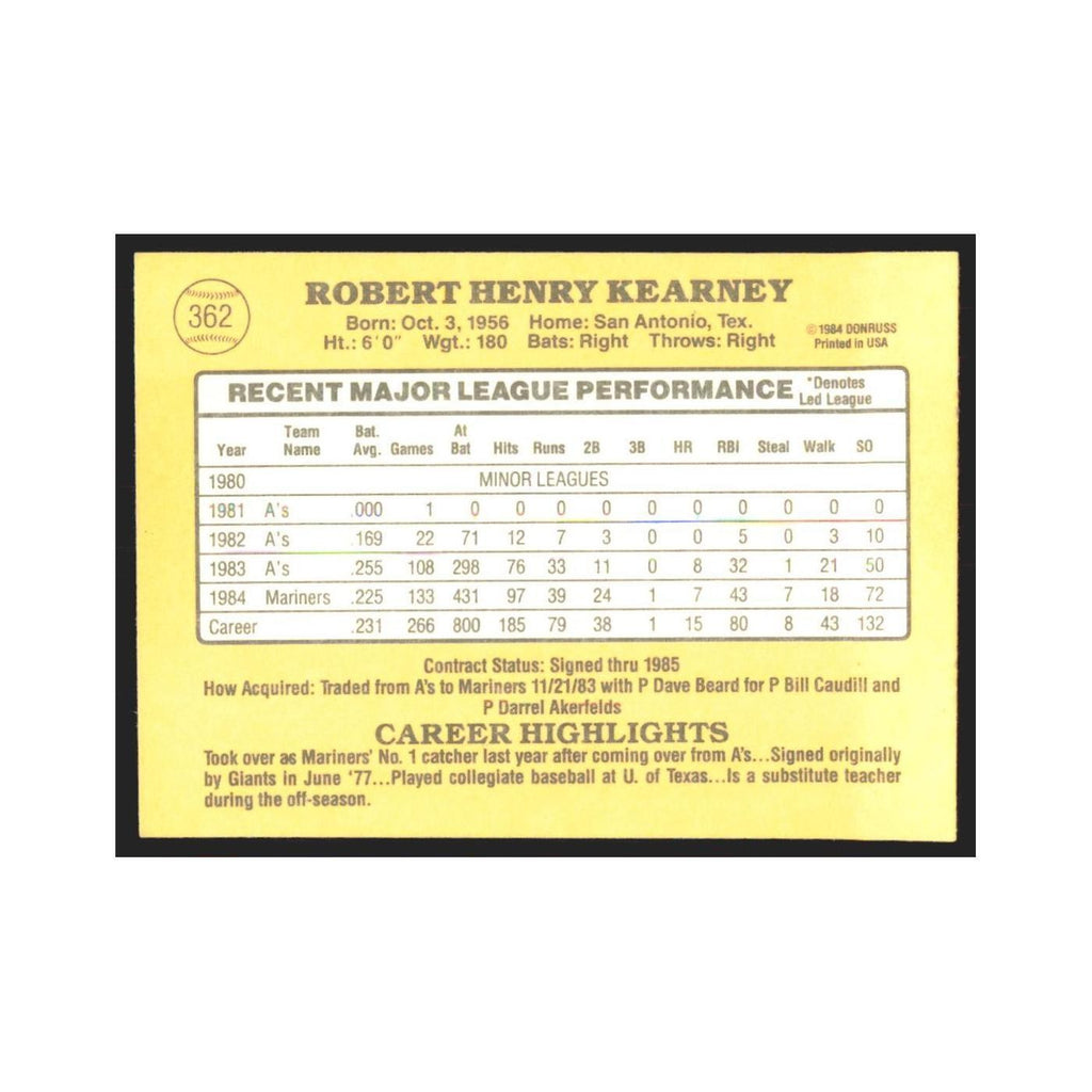 1985 Donruss Bob Kearney Mariners #362