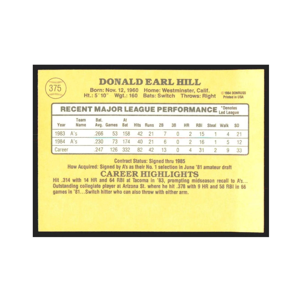 1985 Donruss Donnie Hill Athletics #375