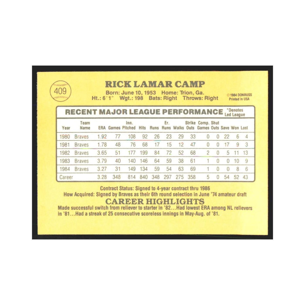 1985 Donruss Rick Camp Braves #409