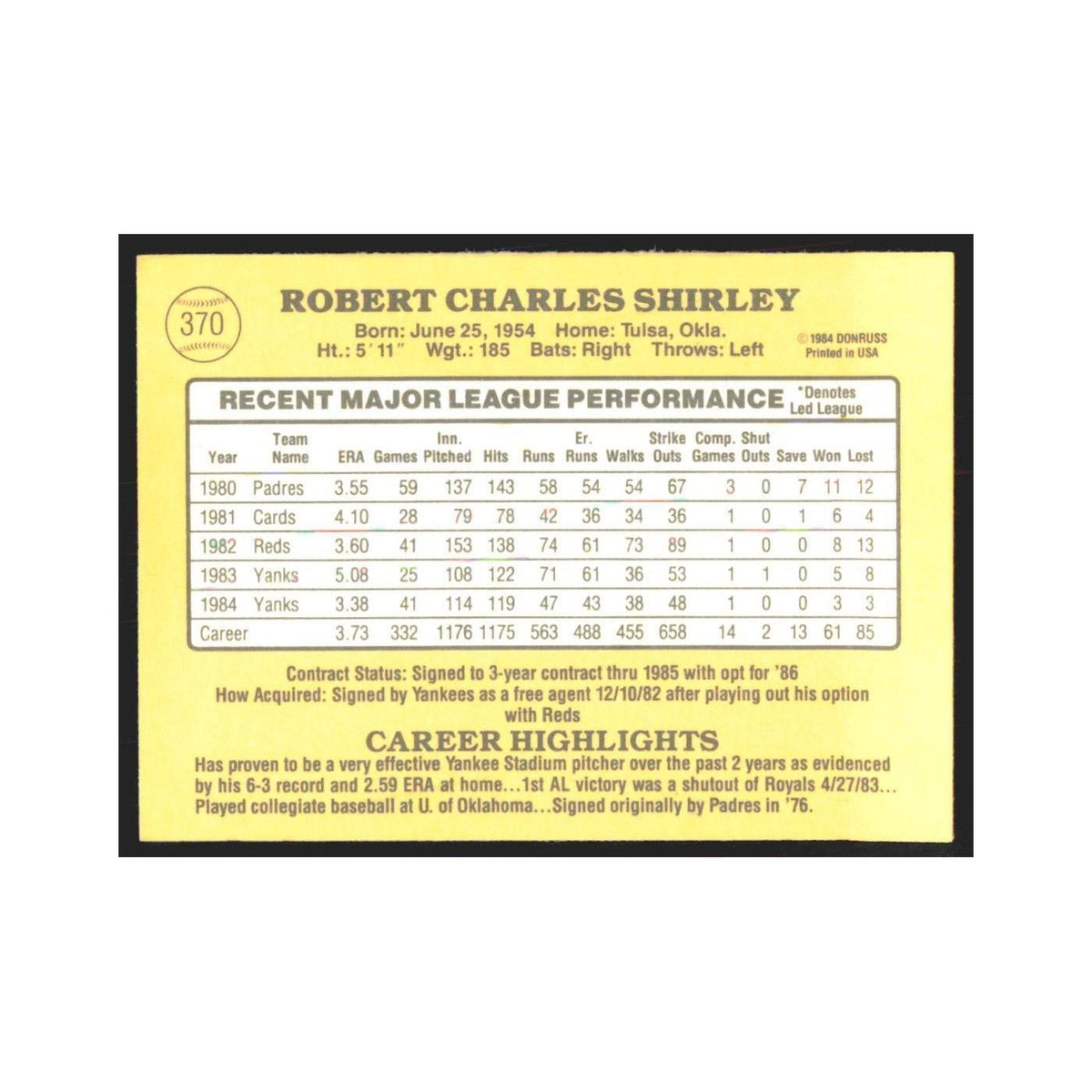 1985 Donruss Bob Shirley Yankees #370
