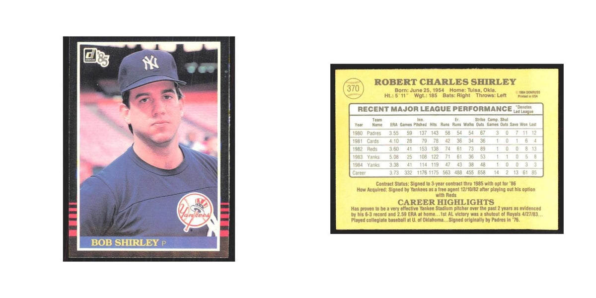 1985 Donruss Bob Shirley Yankees #370