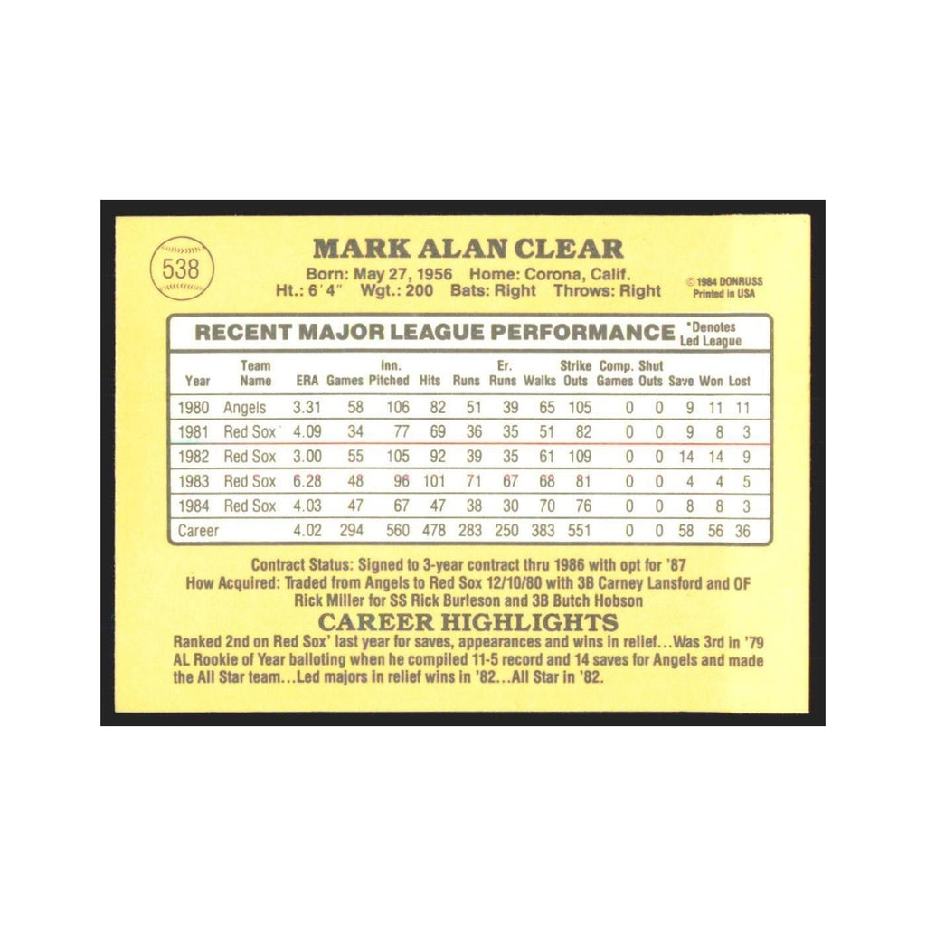 1985 Donruss Mark Clear Red Sox #538