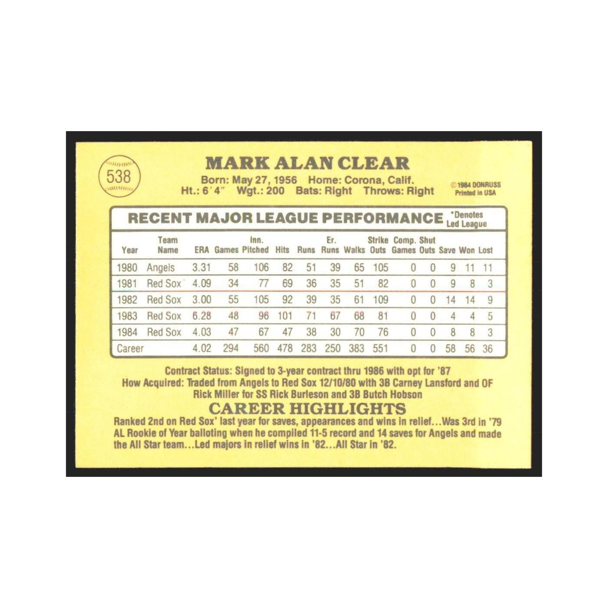 1985 Donruss Mark Clear Red Sox #538