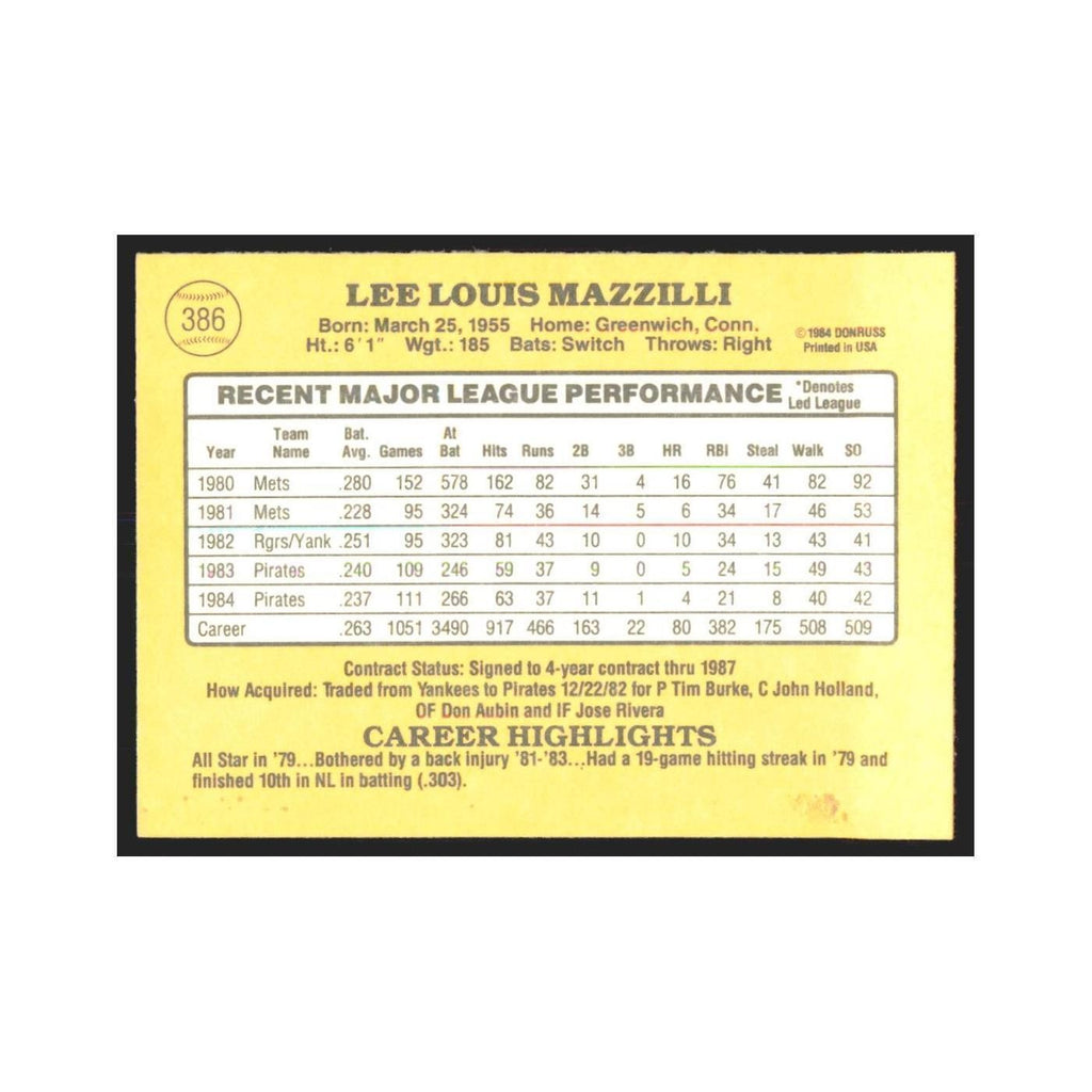 1985 Donruss Lee Mazzilli Pirates #386