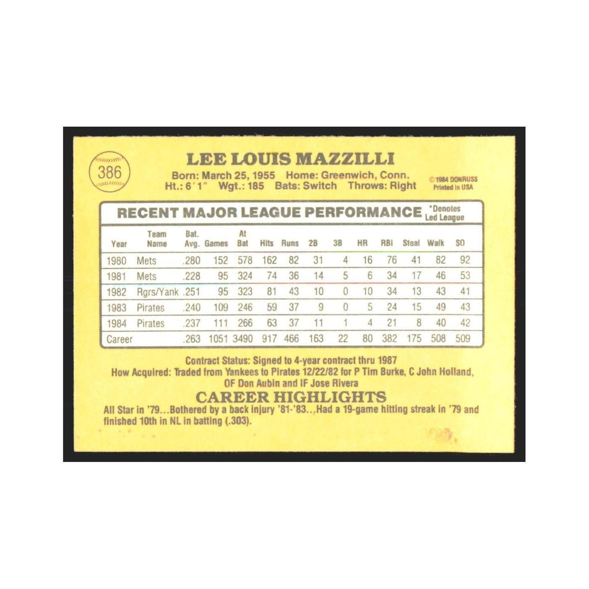 1985 Donruss Lee Mazzilli Pirates #386