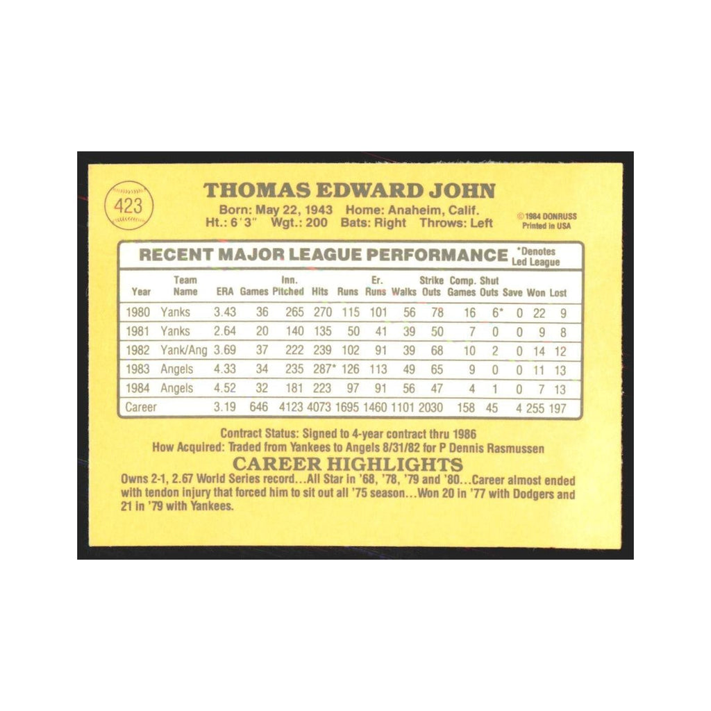 1985 Donruss Tommy John Angels #423