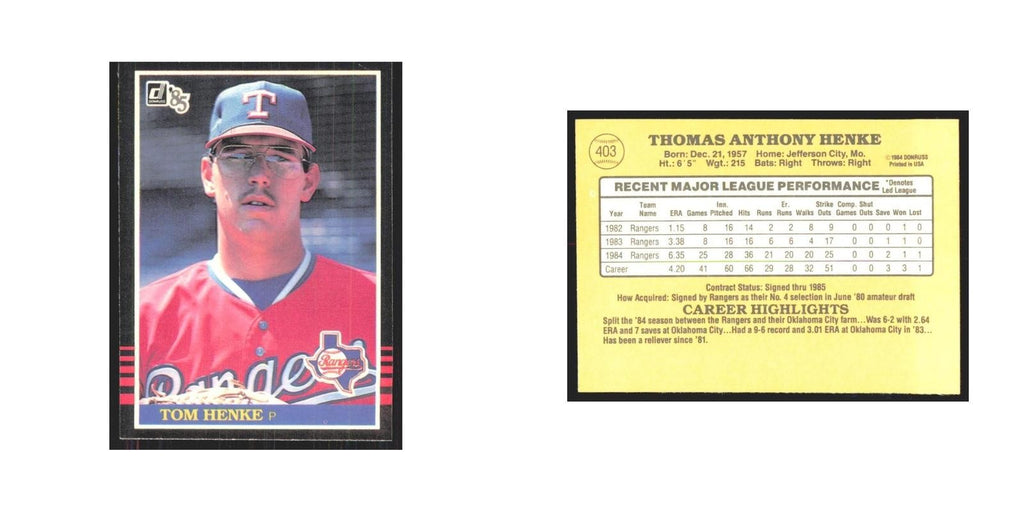 1985 Donruss Tom Henke Rangers #403
