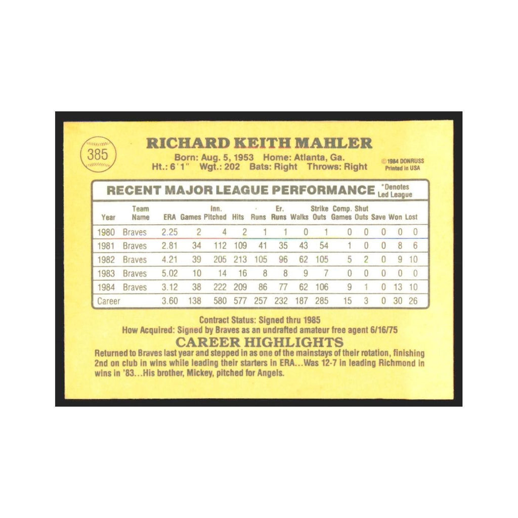 1985 Donruss Rick Mahler Braves #385