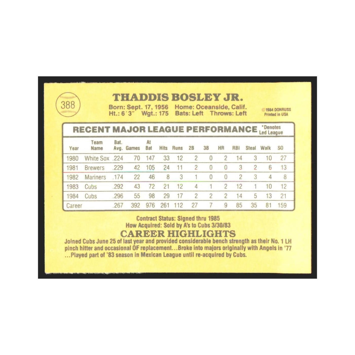 1985 Donruss Thad Bosley Cubs #388