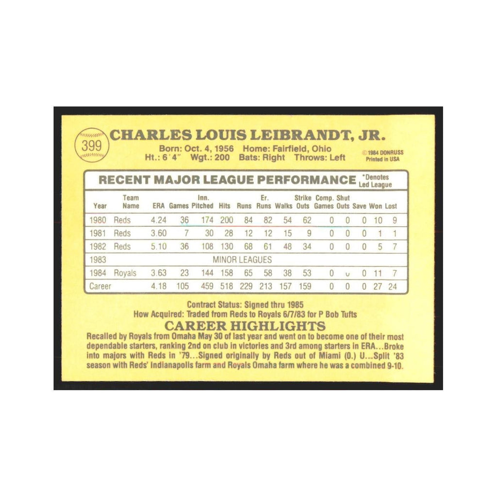1985 Donruss Charlie Leibrandt Royals #399