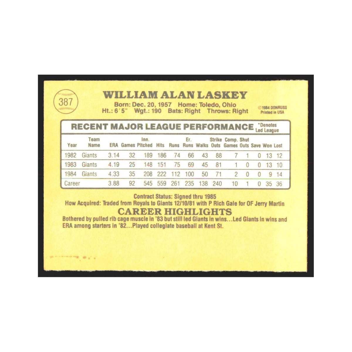 1985 Donruss Bill Laskey Giants #387