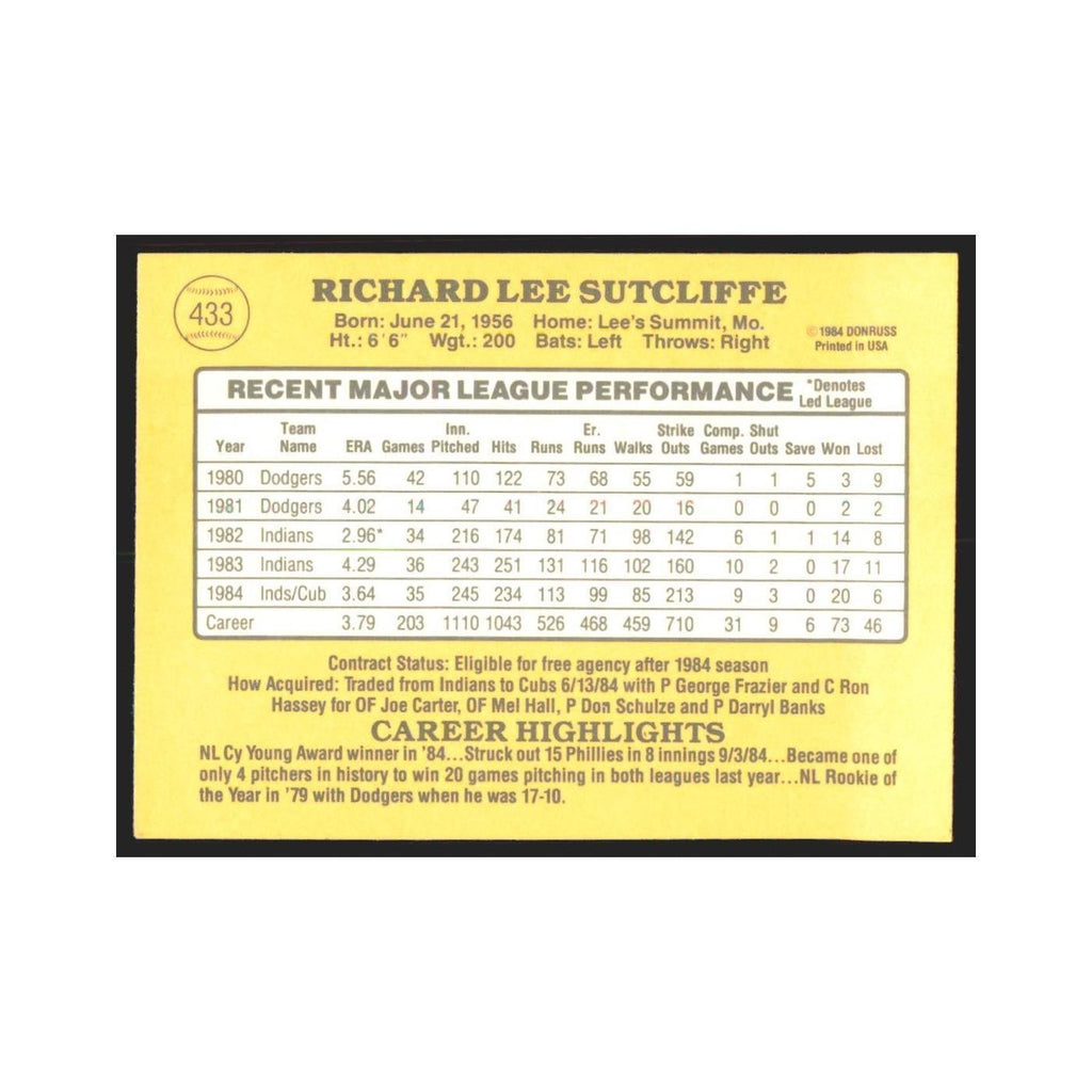 1985 Donruss Rick Sutcliffe Cubs #433
