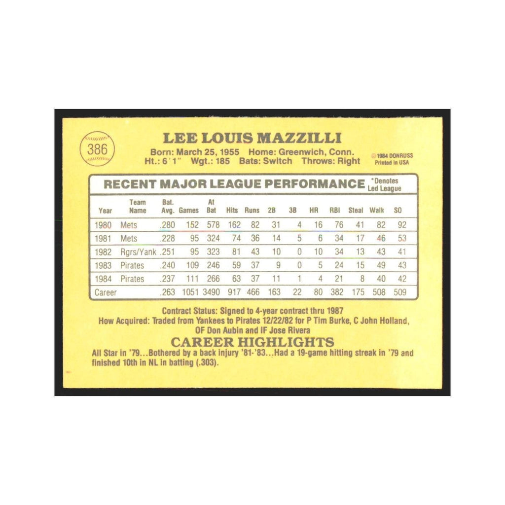 1985 Donruss Lee Mazzilli Pirates #386