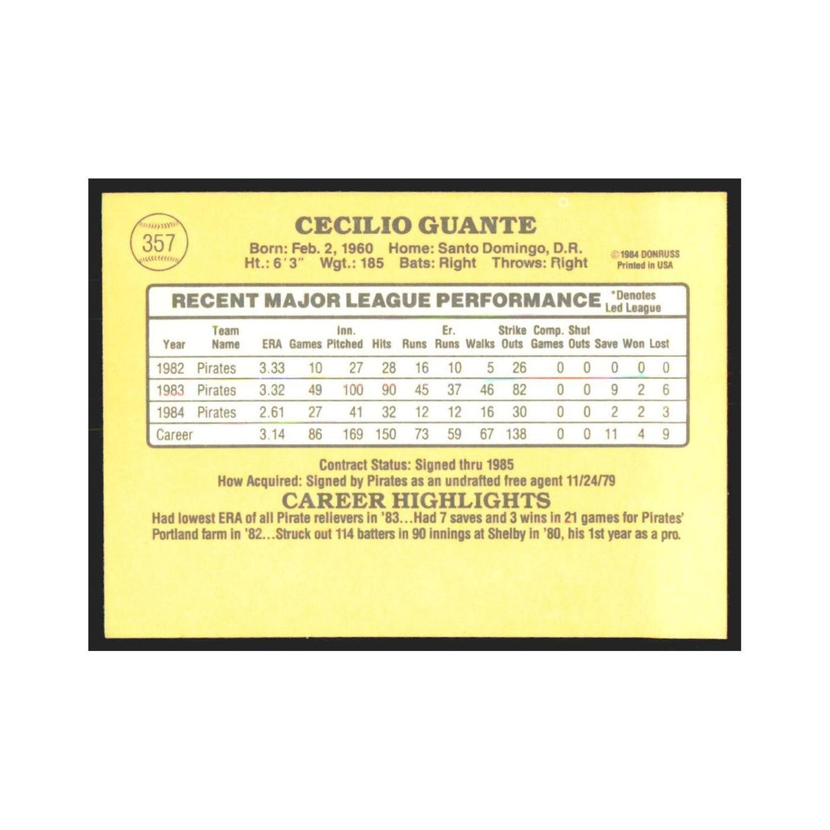 1985 Donruss Cecilio Guante Pirates #357