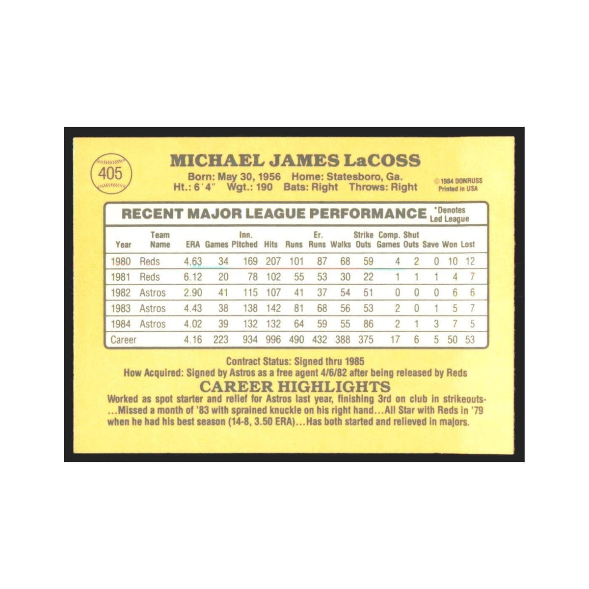 1985 Donruss Mike LaCoss Astros #405