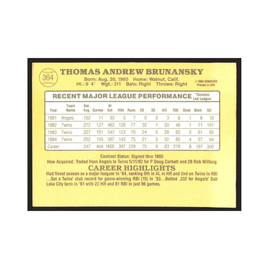 1985 Donruss Tom Brunansky Twins #364
