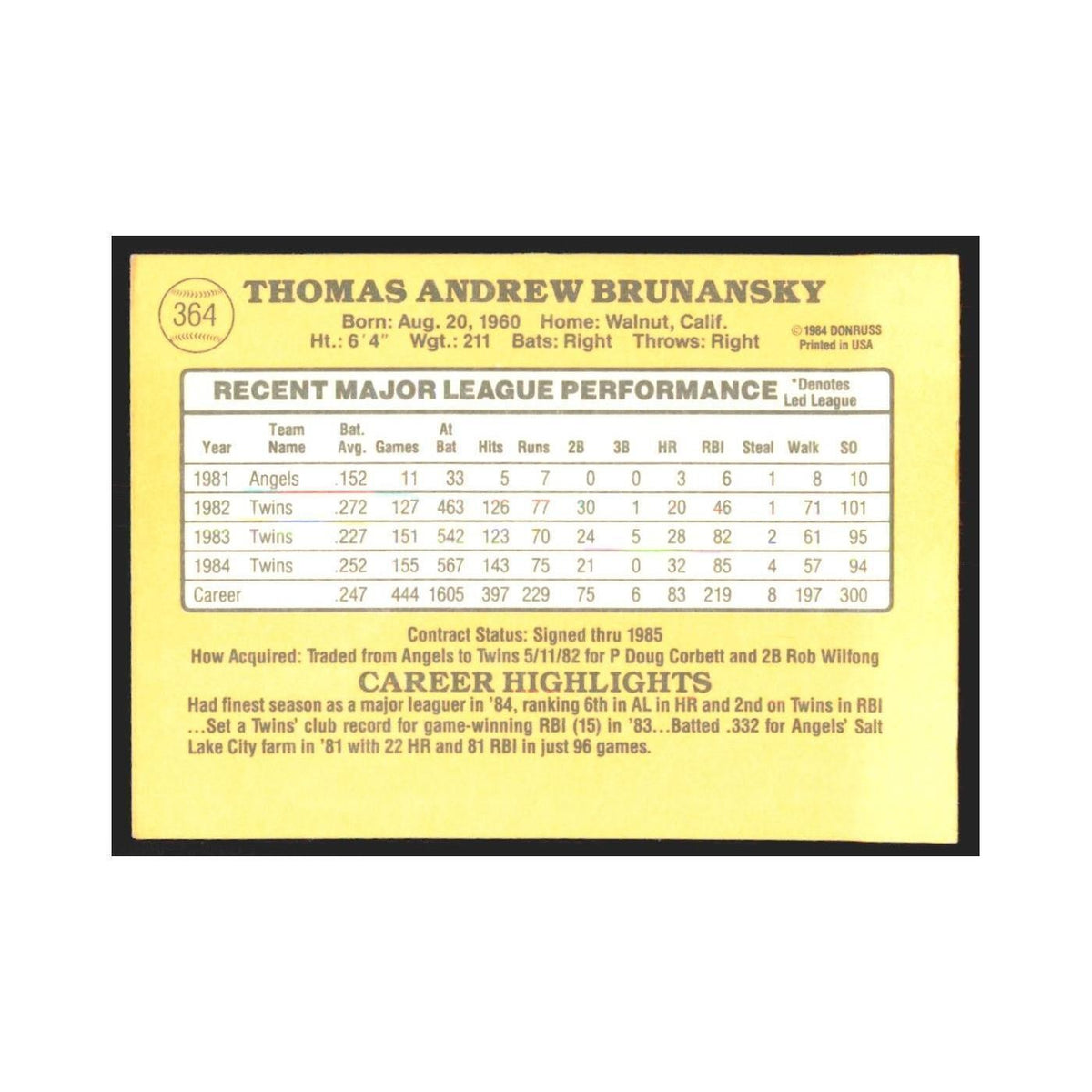 1985 Donruss Tom Brunansky Twins #364