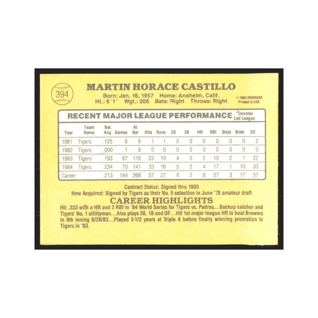 1985 Donruss Marty Castillo Tigers #394