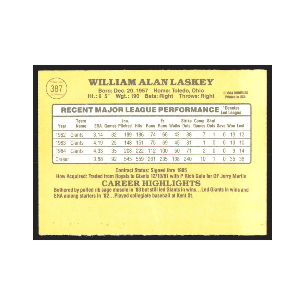 1985 Donruss Bill Laskey Giants #387