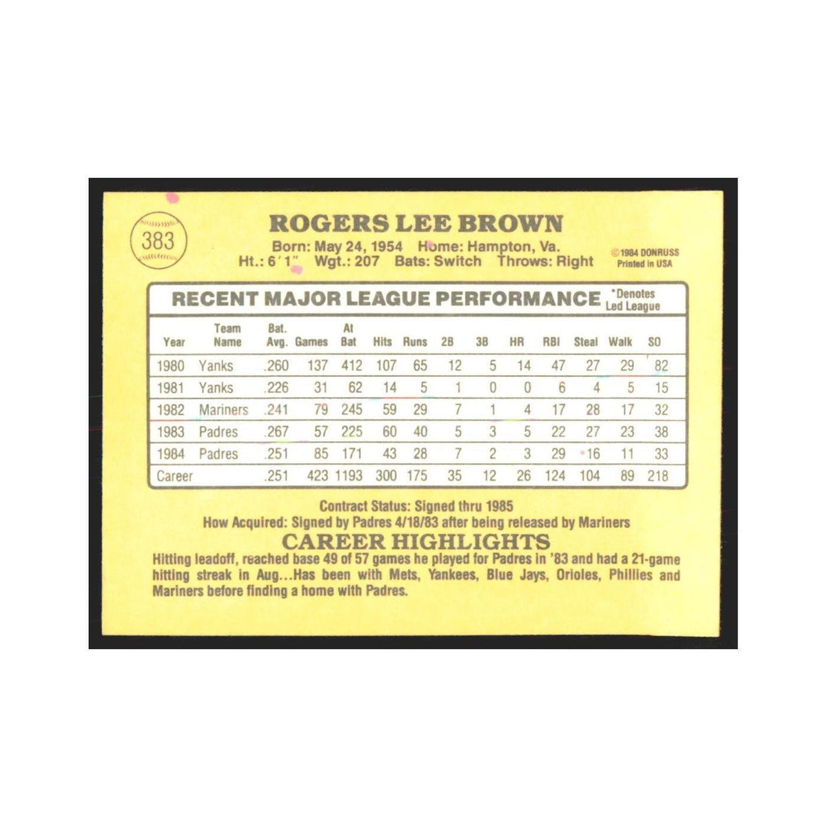 1985 Donruss Bobby Brown Padres #383