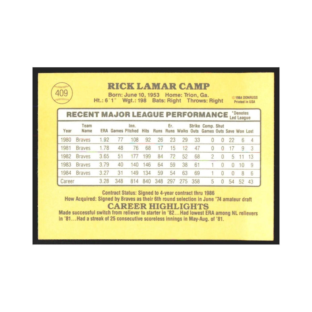 1985 Donruss Rick Camp Braves #409