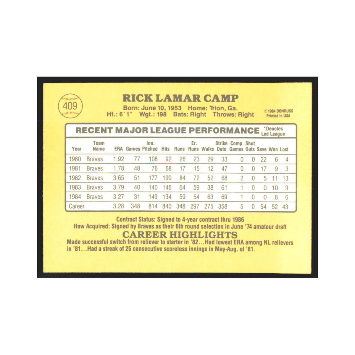 1985 Donruss Rick Camp Braves #409