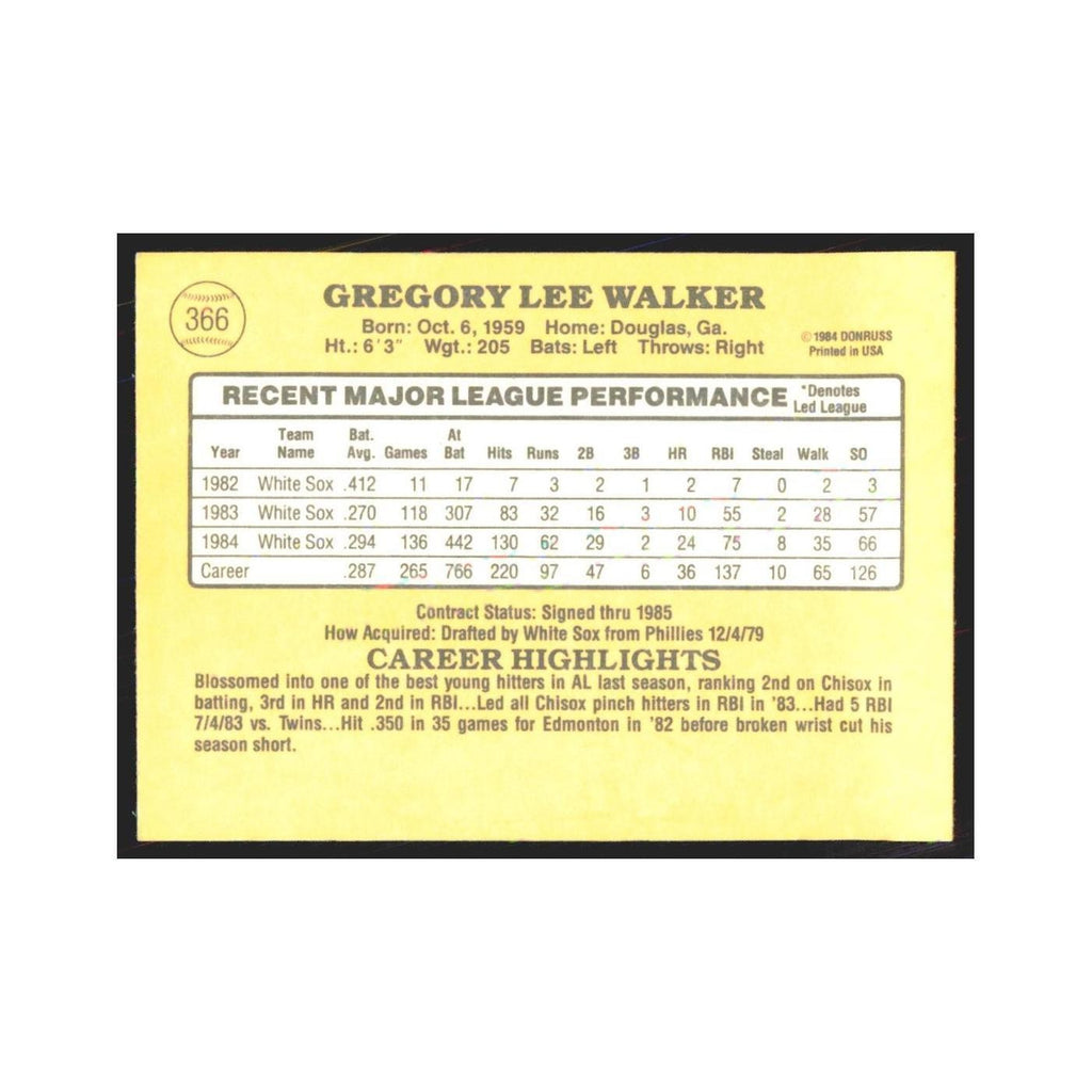 1985 Donruss Greg Walker White Sox #366