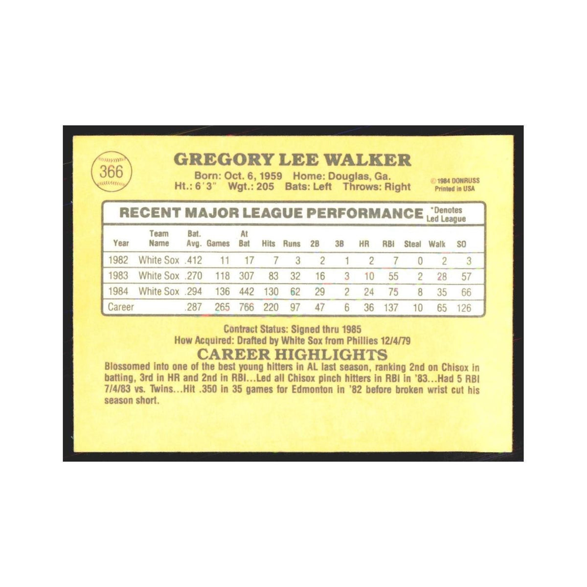 1985 Donruss Greg Walker White Sox #366