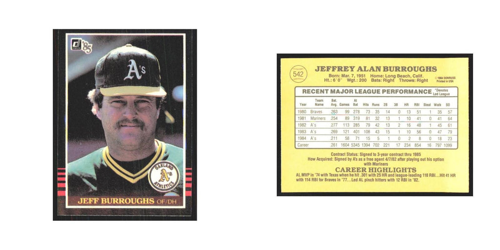 1985 Donruss Jeff Burroughs Athletics #542