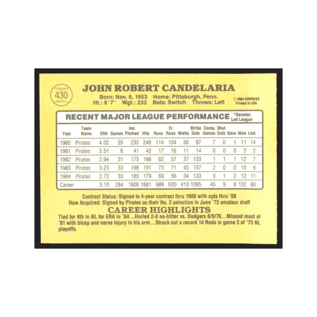 1985 Donruss John Candelaria Pirates #430