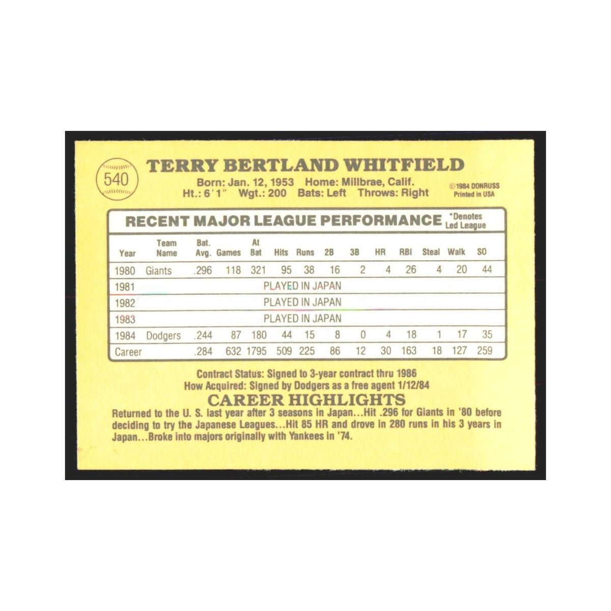 1985 Donruss Terry Whitfield Dodgers #540