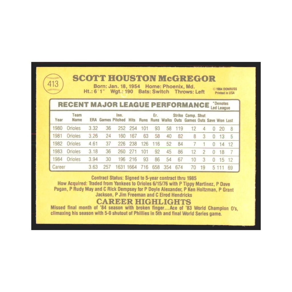 1985 Donruss Scott McGregor Orioles #413