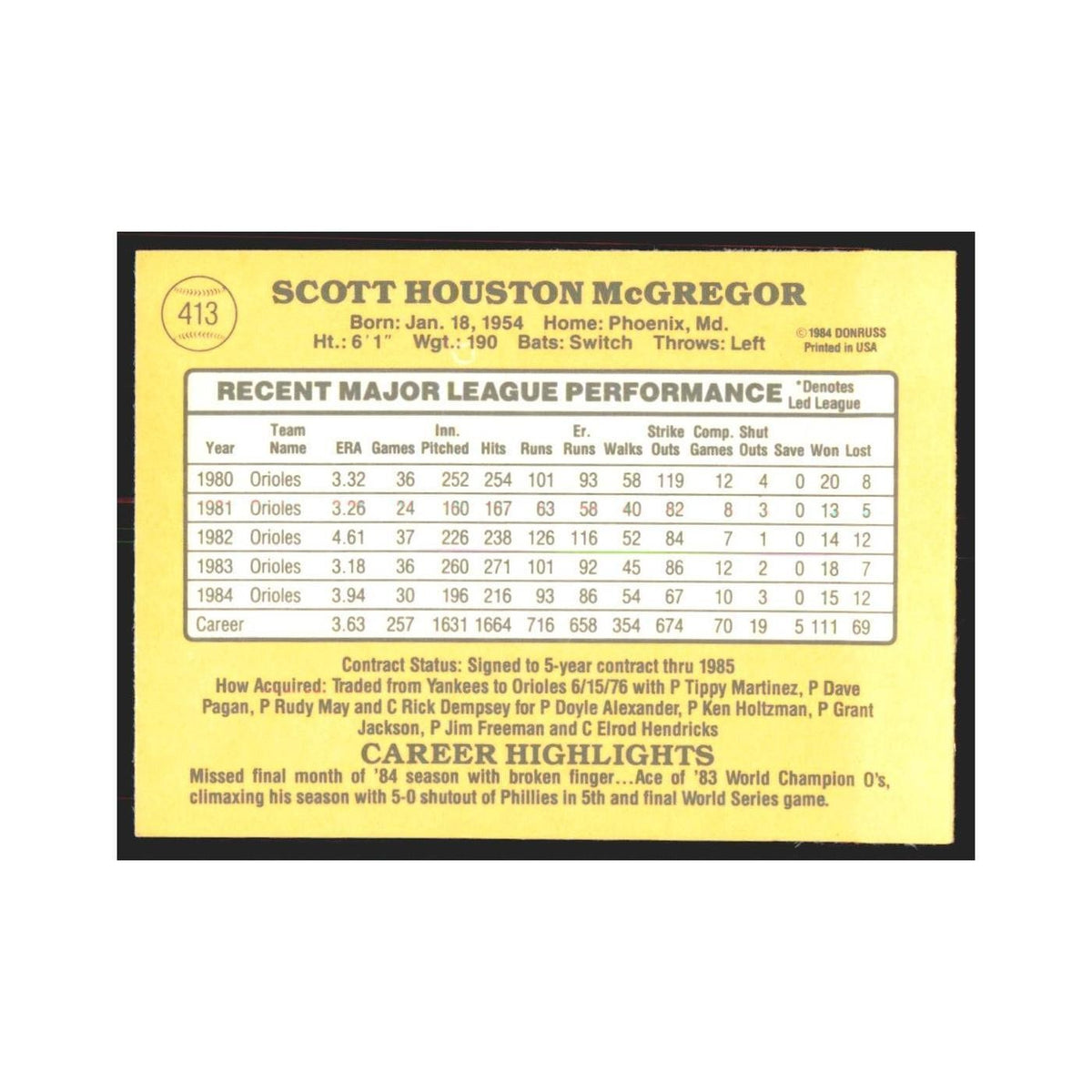 1985 Donruss Scott McGregor Orioles #413