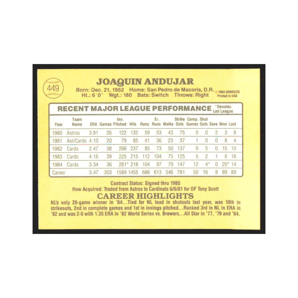 1985 Donruss Joaquin Andujar Cardinals #449