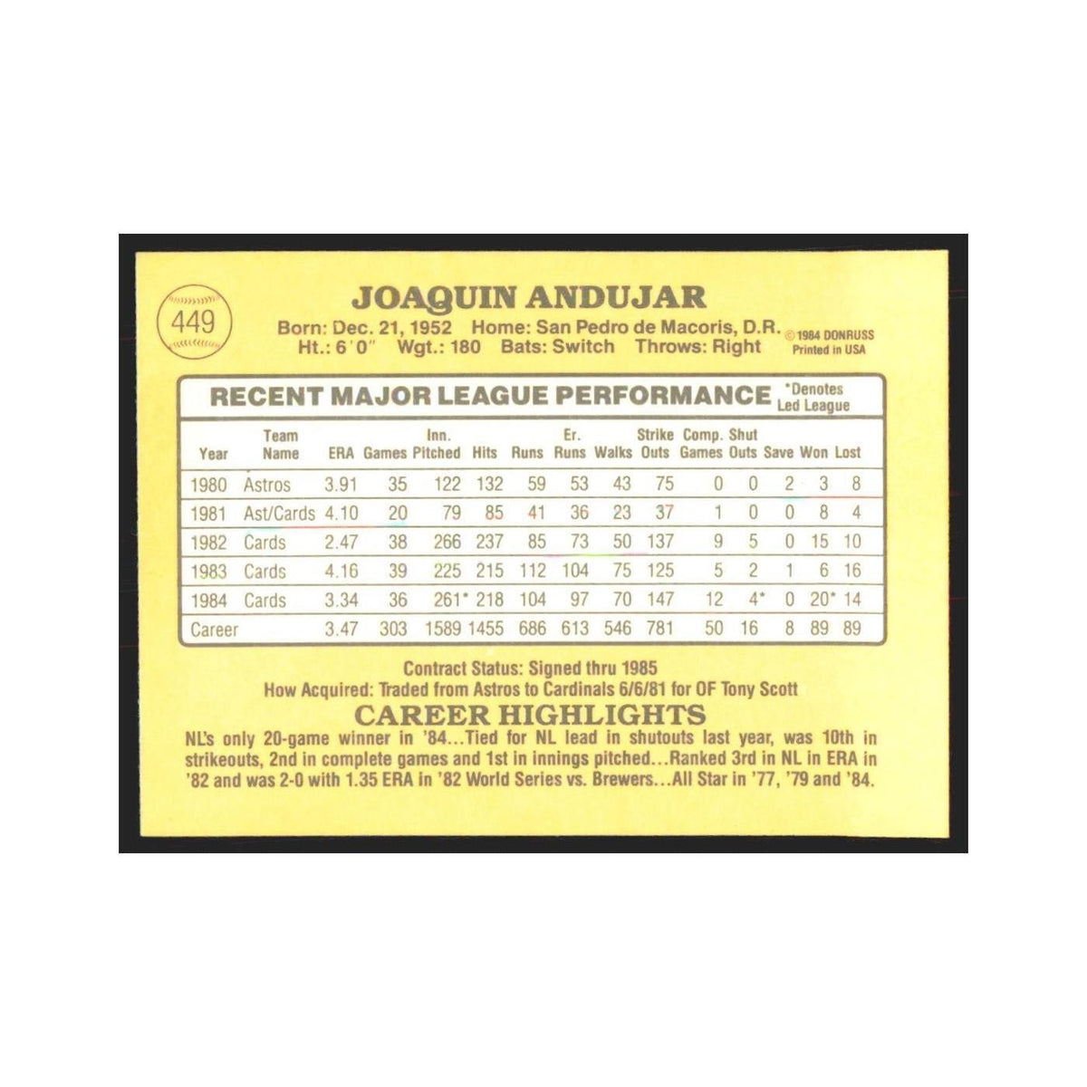1985 Donruss Joaquin Andujar Cardinals #449