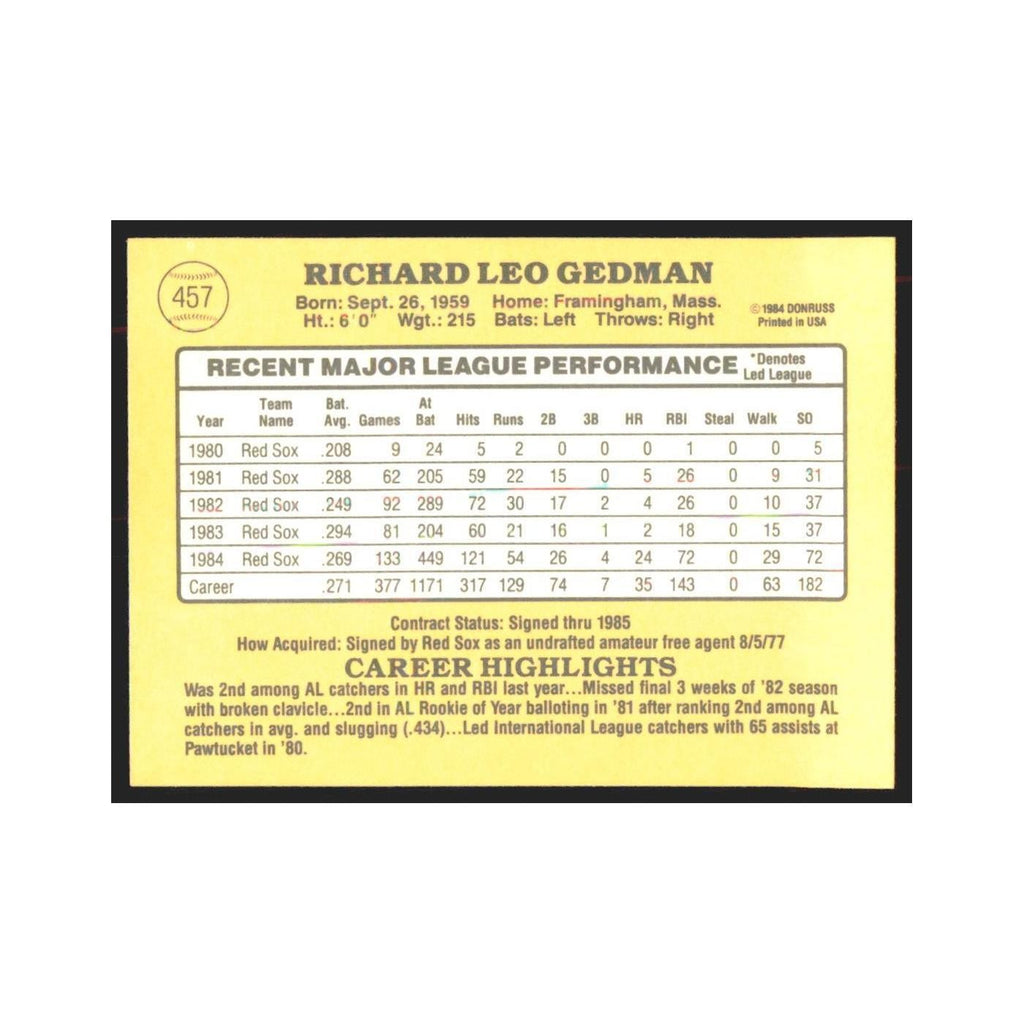 1985 Donruss Rich Gedman Red Sox #457