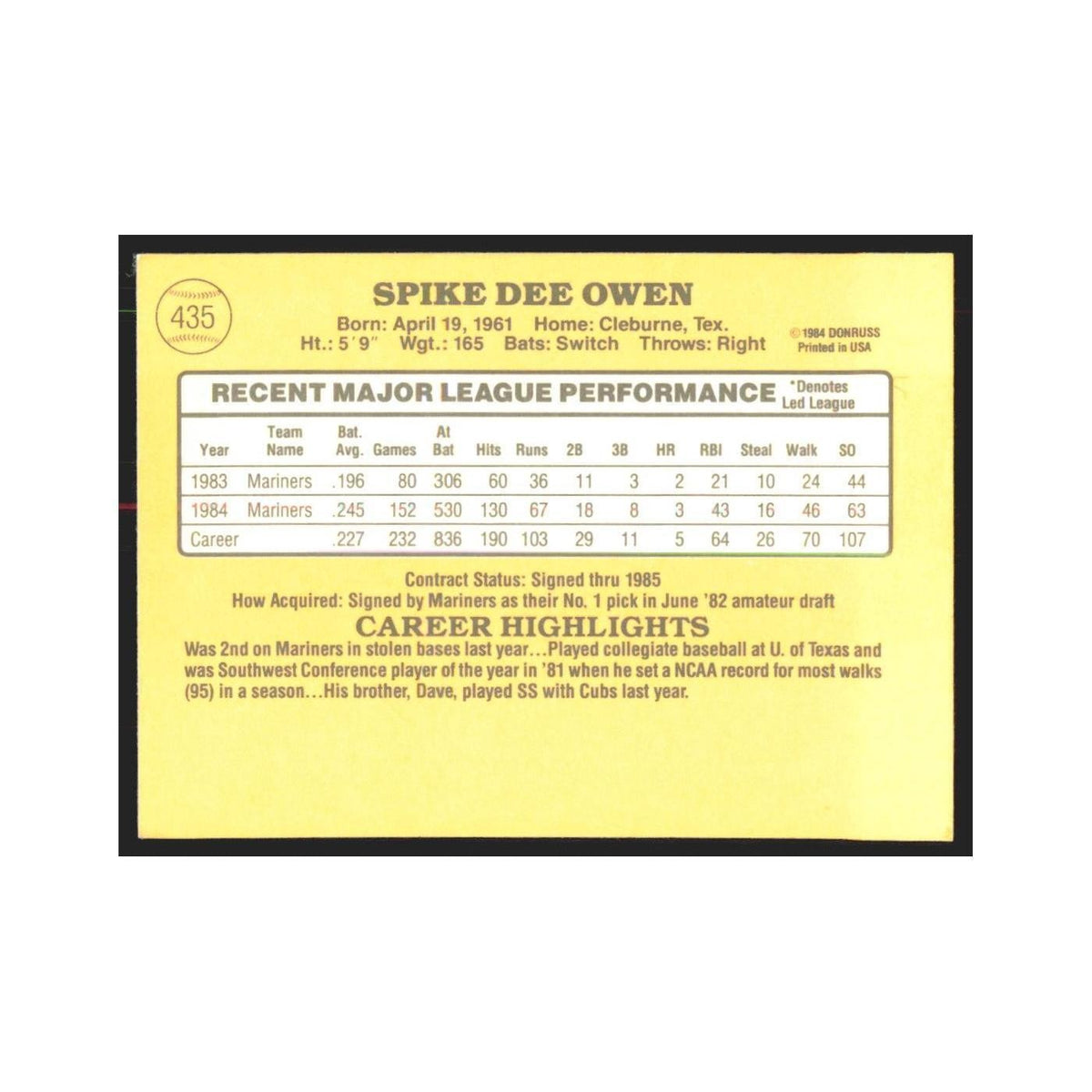 1985 Donruss Spike Owen Mariners #435