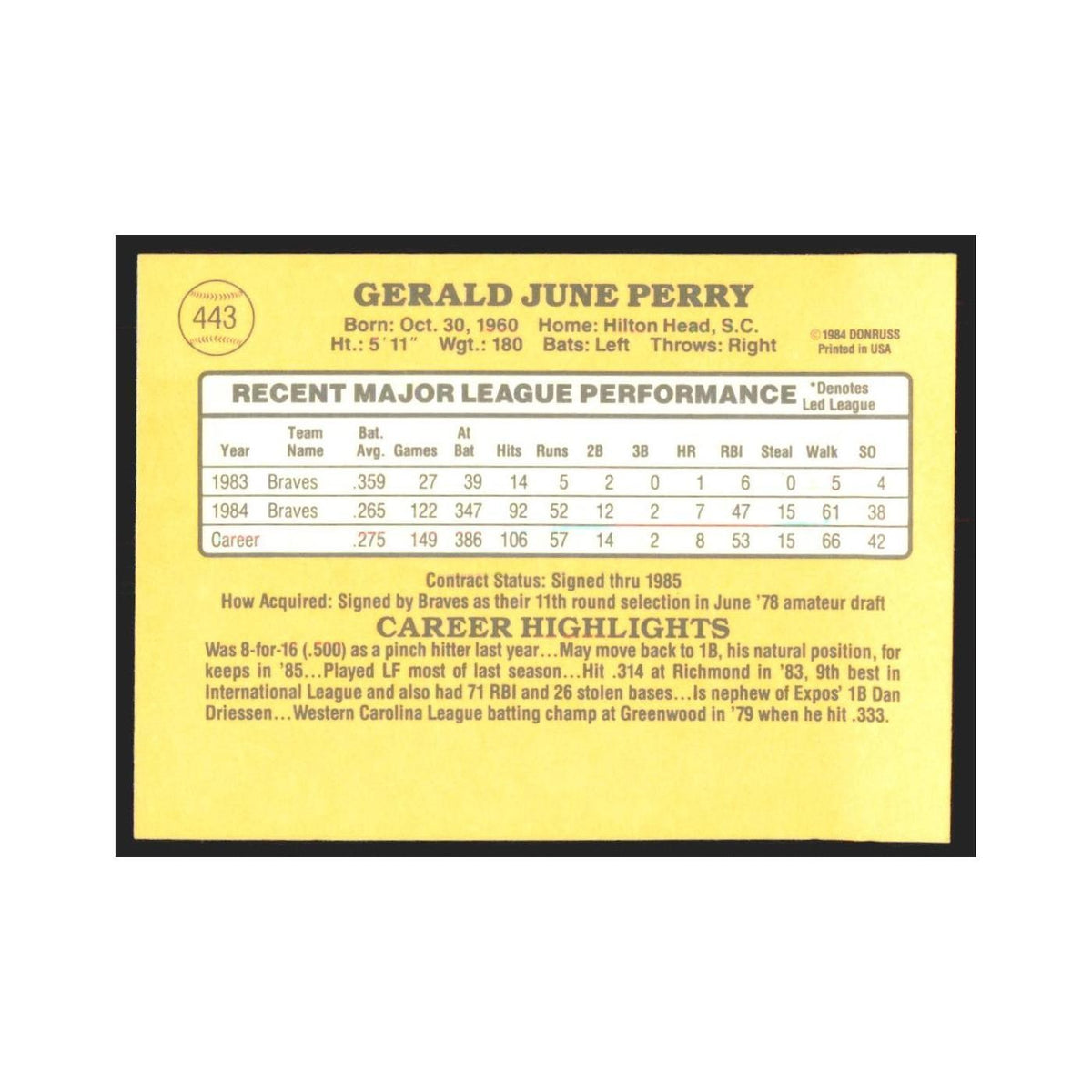 1985 Donruss Gerald Perry Braves #443