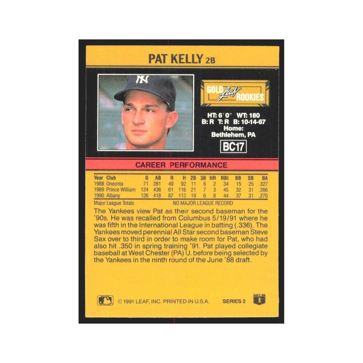 1991 Leaf Pat Kelly RC Yankees #BC17