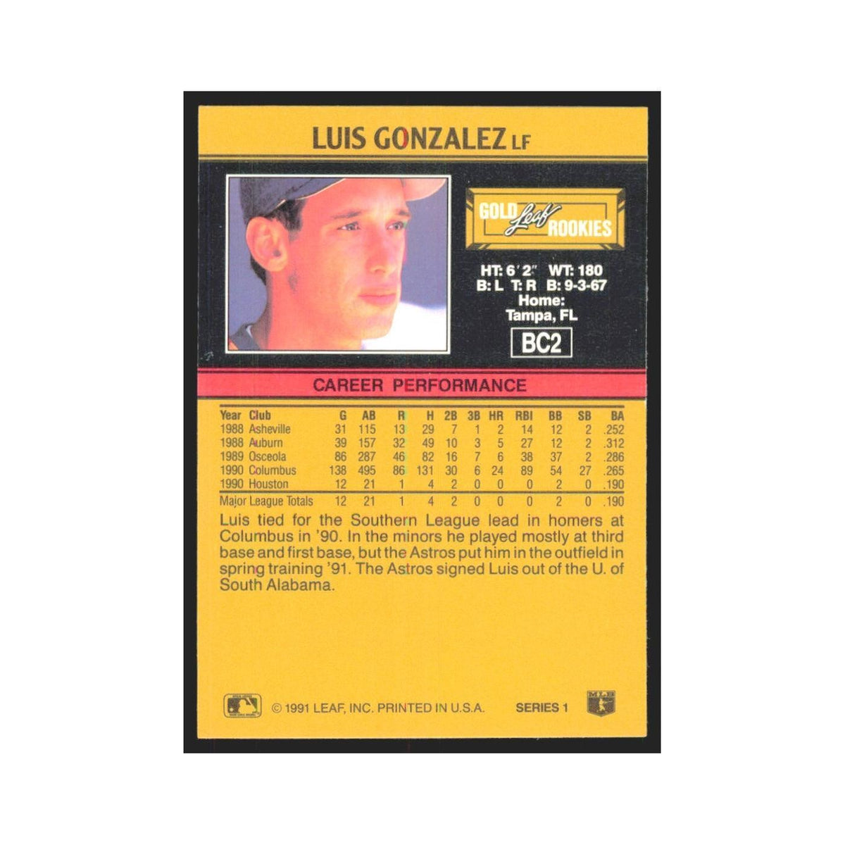 1991 Leaf Luis Gonzalez RC Astros #BC2
