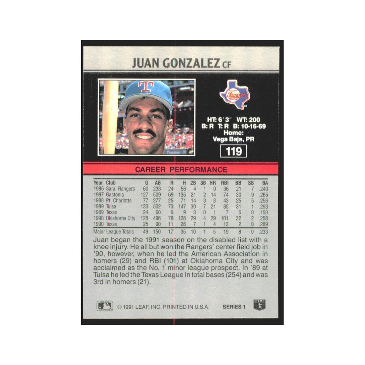 1991 Leaf Juan Gonzalez Rangers #119
