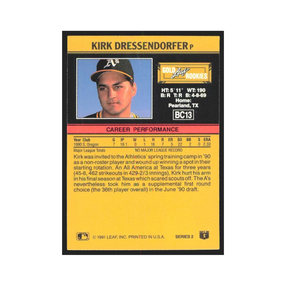 1991 Leaf Kirk Dressendorfer RC Athletics #BC13