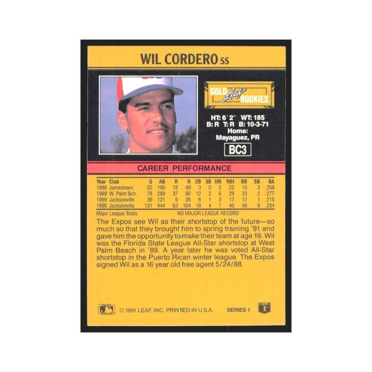 1991 Leaf Wil Cordero RC Montreal Expos #BC3