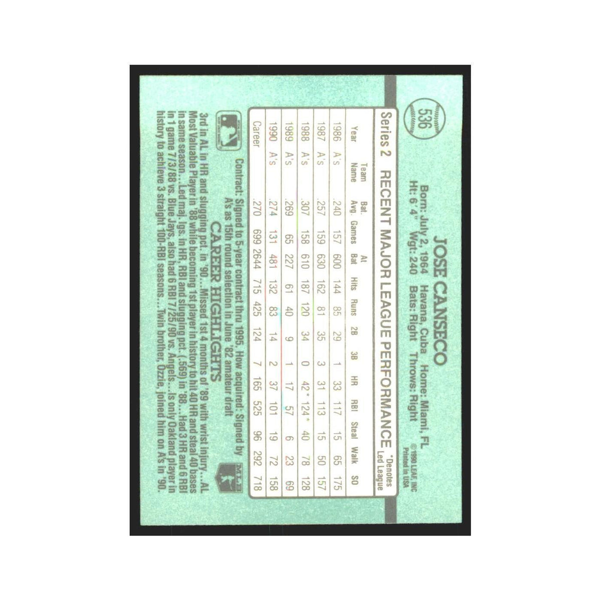 1991 Donruss Jose Canseco Athletics #536