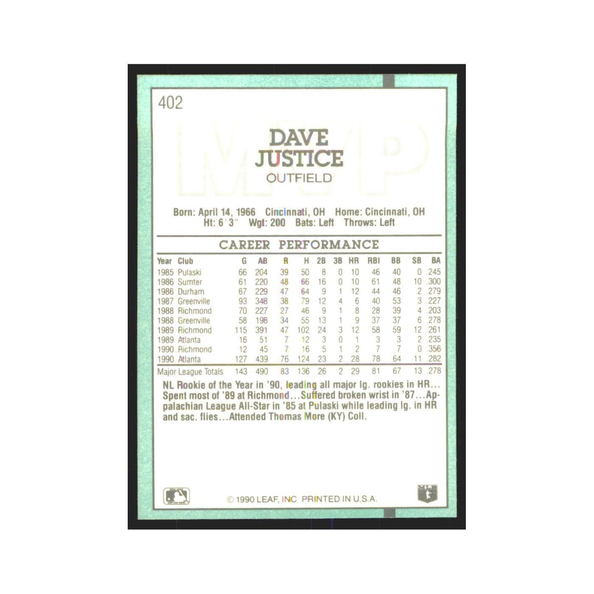 1991 Donruss Dave Justice Braves #402