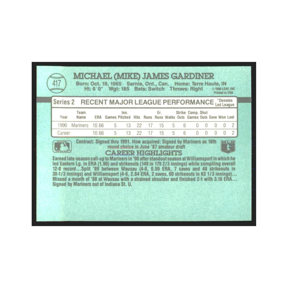 1991 Donruss Mike Gardiner RC Mariners #417