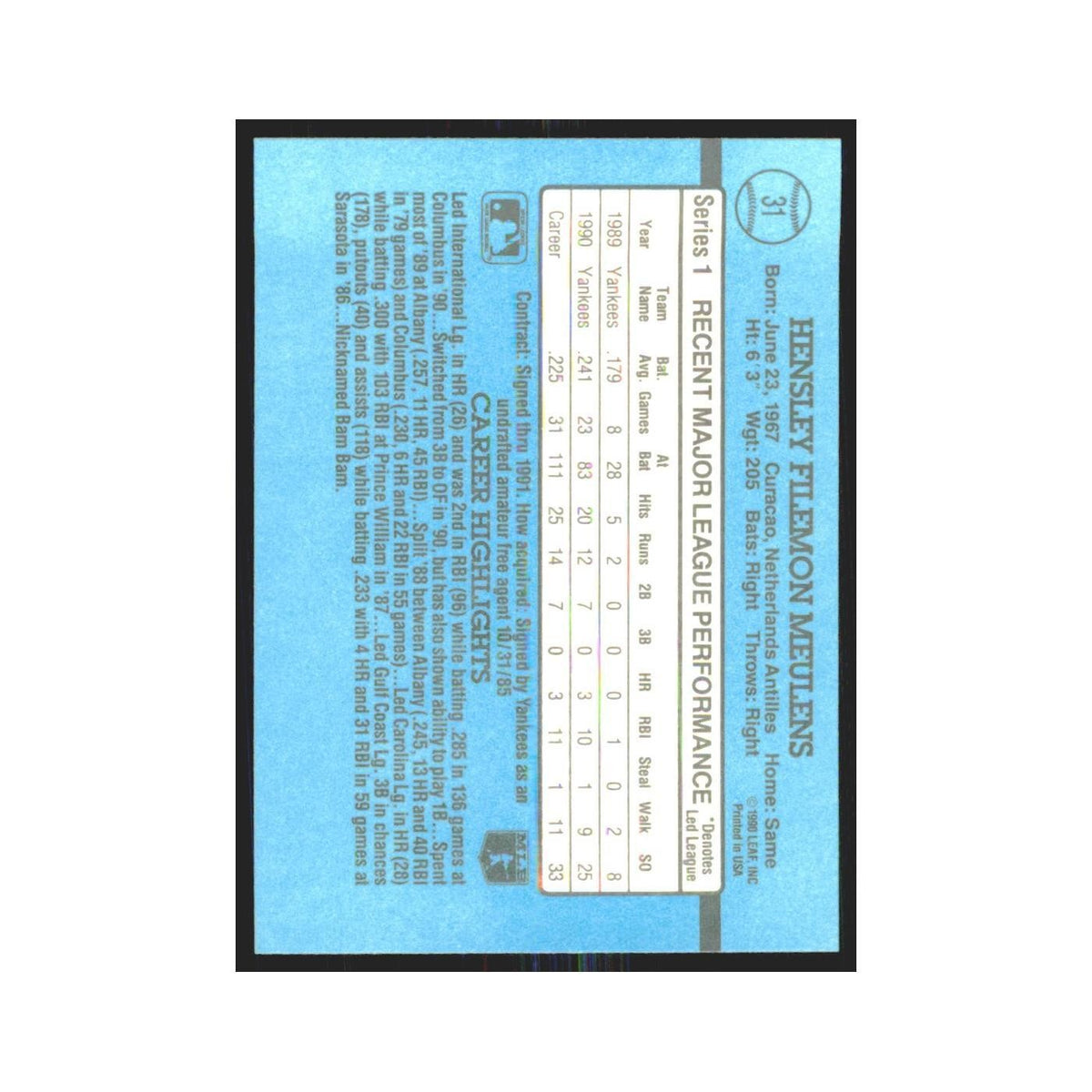 1991 Donruss Hensley Meulens RC Yankees #31