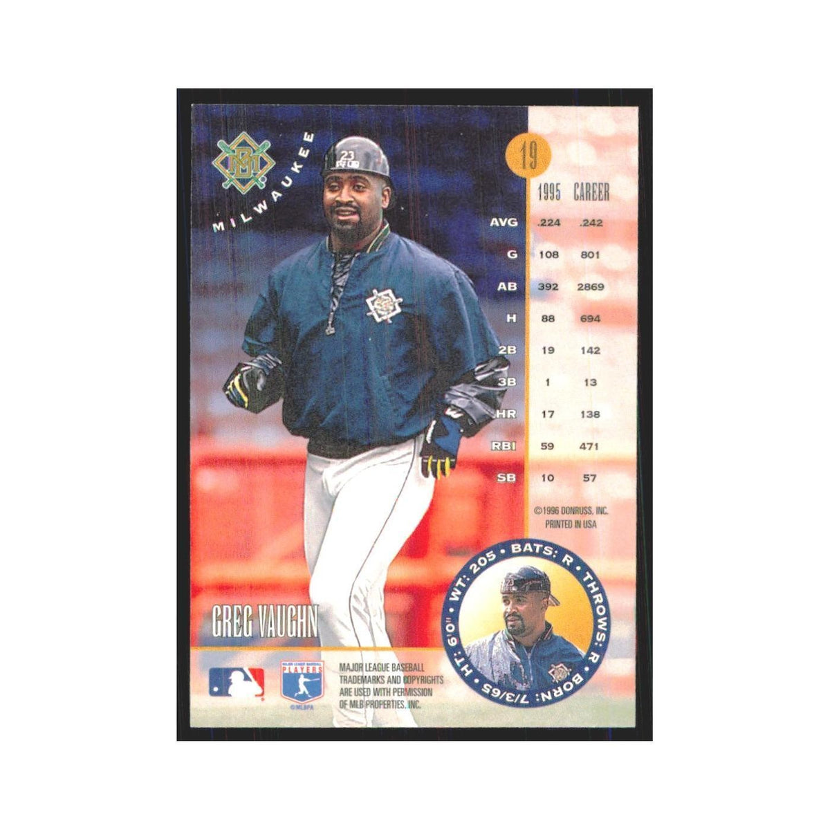 1996 Leaf Greg Vaughn Brewers #19