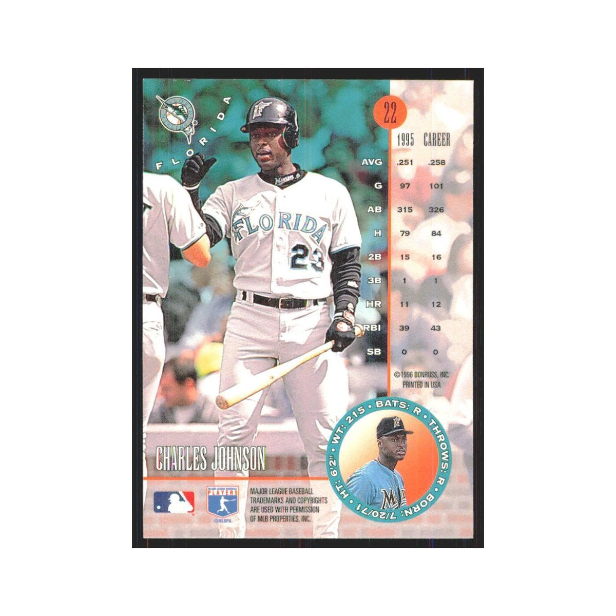 1996 Leaf Charles Johnson Florida Marlins #22